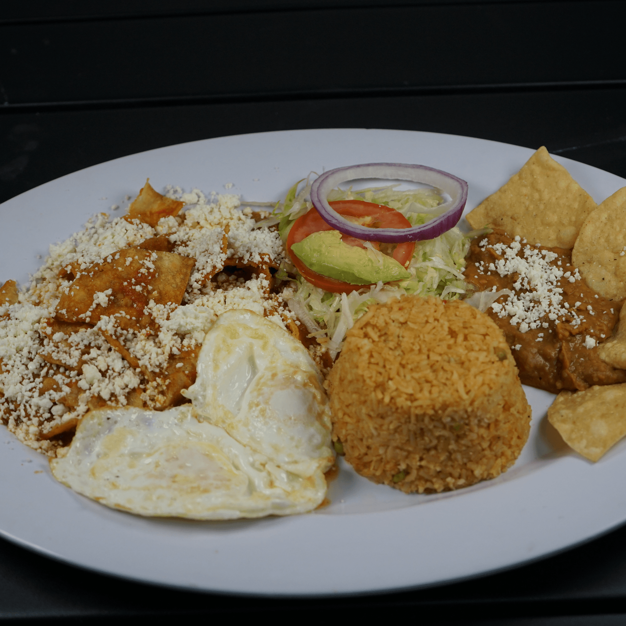 Chilaquiles with Rice & Beans.
